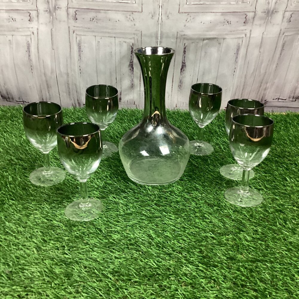 Vintage Vitreon Queen's Lusterware Decanter Carafe and Wine Glass Set